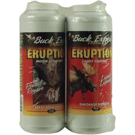 Two-pack of Buck Expert Plus Appât pour Orignal Eruption - 1 L bottles, designed for attracting moose.