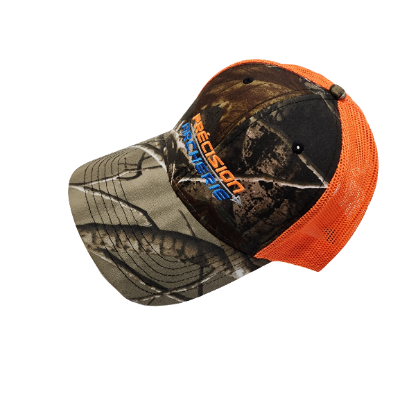 Orange and camo precision archery cap designed for optimal performance and style.