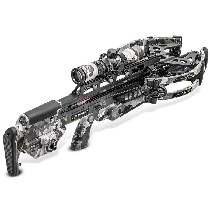 Tenpoint Plus TX 28 Vektra crossbow featuring a sleek design, advanced optics, and ergonomic grip, ideal for precision hunting.