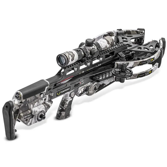 Tenpoint Plus TX 28 Vektra crossbow featuring a sleek design, advanced optics, and ergonomic grip, ideal for precision hunting.