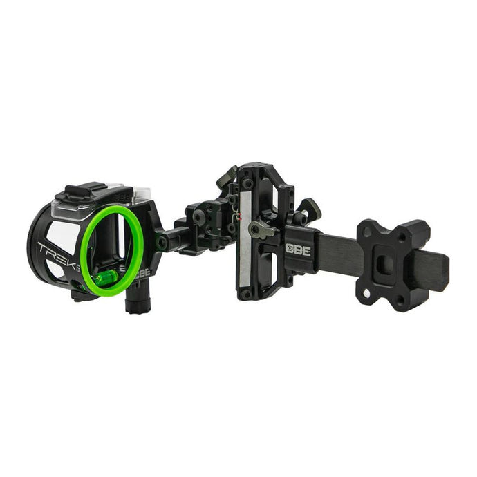 Close-up of a CBE Mire Trek Pro right-handed .019 pin sight, showcasing its precision engineering and adjustable features for archery enthusiasts.