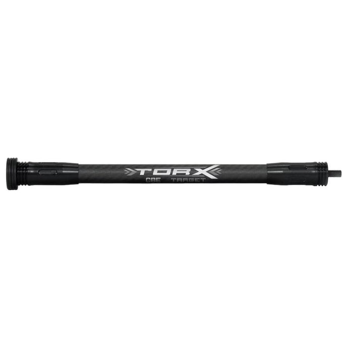 Close-up of a CBE plus Stabilisateur torx target 12-inch archery sight, showcasing its precision engineering and adjustable features against a blurred outdoor background.