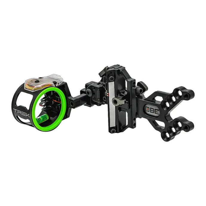 Close-up of a CBE sight featuring a Trek 5-pin .019 setup, showcasing precision engineering and adjustable pins for accurate aiming in archery.