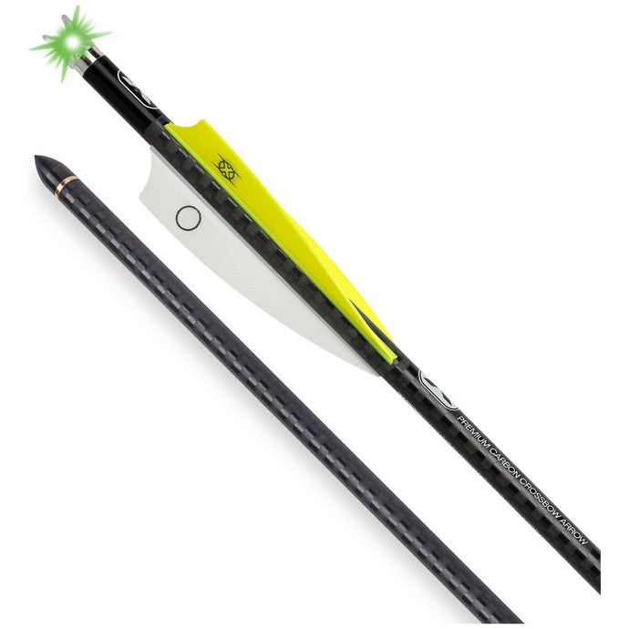 Three Tenpoint Flèches d'arbalète Evo-X Centerpunch 16-inch illuminated arrows, showcasing their sleek design and vibrant illumination features.