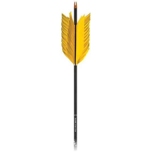 Carbon Express arrow with flu-flu fletching, showcasing its aerodynamic design and vibrant colors, ideal for small game hunting.