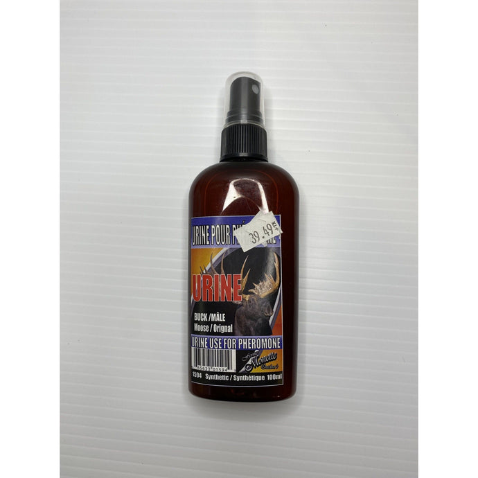 100ml bottle of Ferme Monette male deer pheromone urine attractant, designed for effective wildlife hunting.