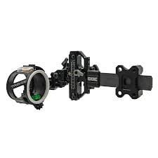 Close-up of a CBE Plus Mire Trek Pro Micro 3V sight mounted on a compound bow, showcasing its precision engineering and adjustable features, set against a blurred outdoor backdrop.