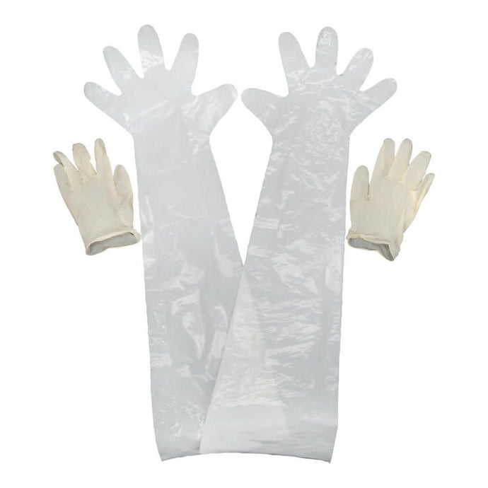 Allen plus terrain dressing gloves, one pair wrist length, one pair shoulder length.