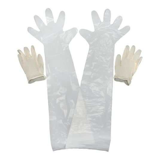 Allen plus terrain dressing gloves, one pair wrist length, one pair shoulder length.
