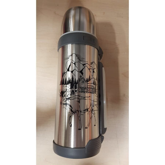 An elegant display of the Entrepot du Chasseur wine bottle alongside a sleek Thermos, set against a rustic wooden table, highlighting the perfect pairing for outdoor adventures.