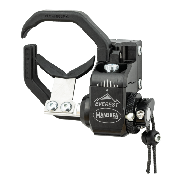 Image of a Hamskea Archery rest mounted on a right-hand Everest riser, featuring a C.O.R. interface bracket for optimal performance and precision in archery.