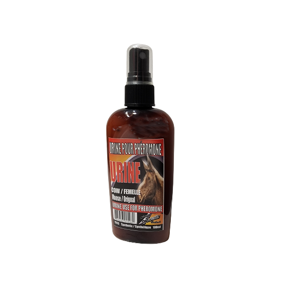 100ml bottle of Ferme Monette female moose pheromone urine attractant, designed for effective wildlife hunting.