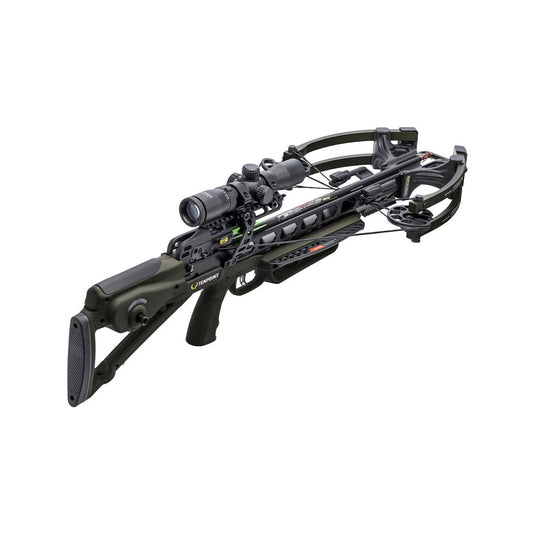 Tenpoint Plus Turbo X crossbow in moss green finish, showcasing its sleek design and advanced features, set against a natural outdoor backdrop.