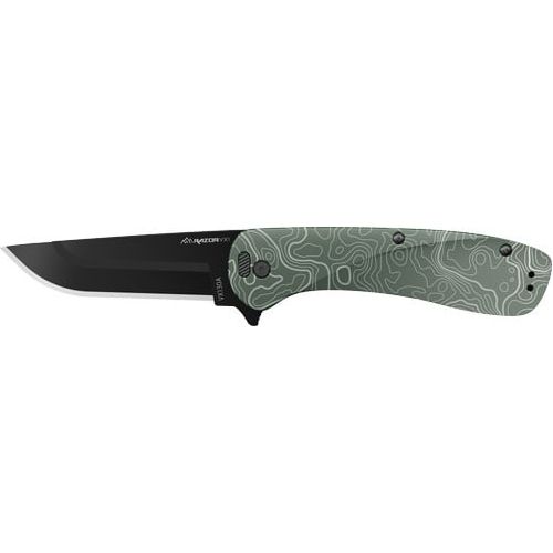 Outdoor Edge RAZOR VX1 knife featuring green anodized aluminum handle, topographic map design, black tip, black hardware, and assisted opening spring mechanism.