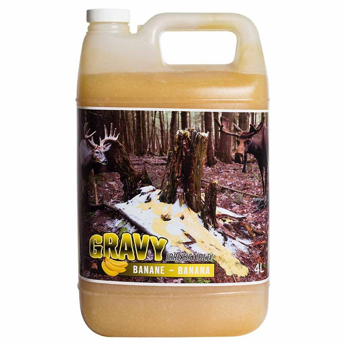 Delicious dish featuring Meunerie Soucy's artisanal bread topped with rich gravy and garnished with banana slices, showcasing a unique blend of flavors.