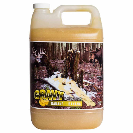 Delicious dish featuring Meunerie Soucy's artisanal bread topped with rich gravy and garnished with banana slices, showcasing a unique blend of flavors.