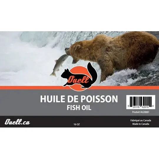 16 oz bottle of Ouell Plus fish oil, showcasing its vibrant label and sleek design, placed on a wooden kitchen countertop with a backdrop of fresh herbs and a healthy meal.