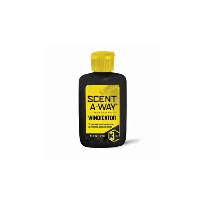 Hunters Specialties Plus Scent-A-Way Windicator bottle with a clear view of the nozzle, set against a natural outdoor backdrop, showcasing its use in hunting to detect wind direction.