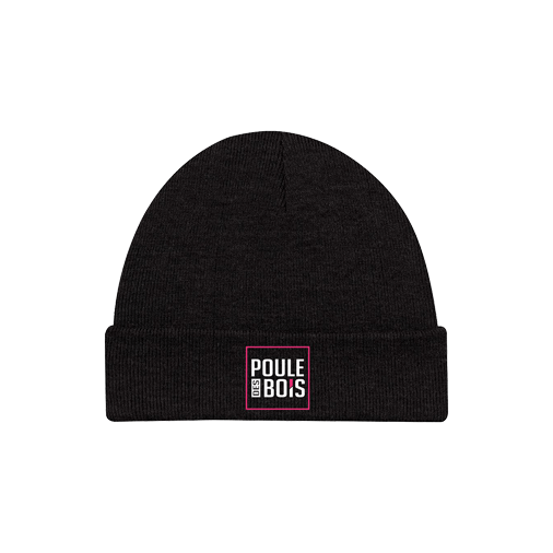 A vibrant illustration featuring a Poule des bois (woodland chicken) with a striking black and pink tuque, surrounded by a lush forest backdrop.