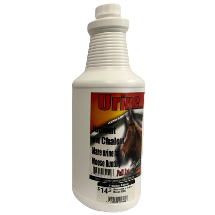 800ml bottle of Ferme Monette plus Mare Urine in Heat, designed for attracting moose, featuring a sleek label with bold graphics and a nature-inspired background.