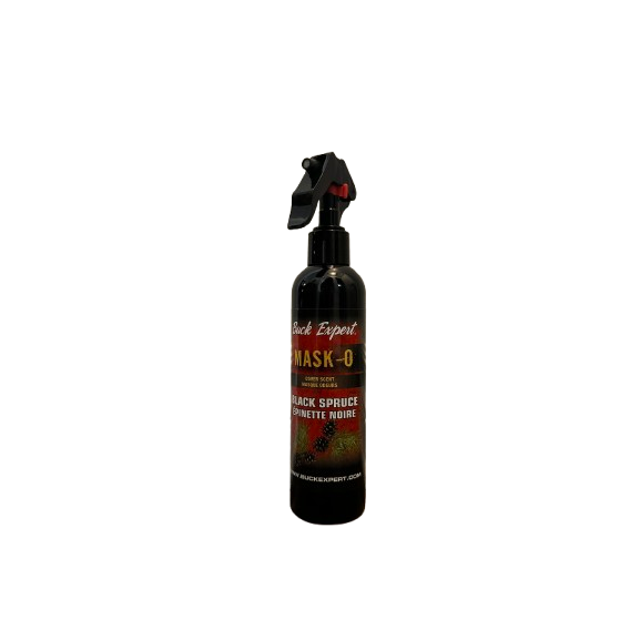 Image of Buck Expert Plus SPRUCE Cover Scent bottle, showcasing its sleek design and label, set against a natural outdoor backdrop, emphasizing its use for hunting and wildlife attraction.