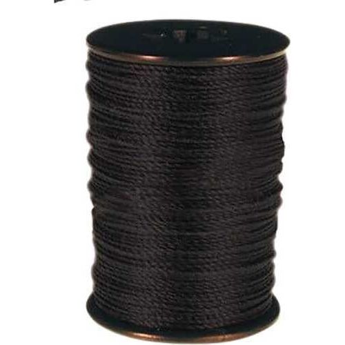 Close-up of BCY plus nock point and peep tying thread in .020 black, showcasing the texture and color of the materials used for archery equipment.