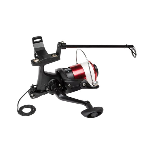 Bohning Plus Aqua Reel mounted on a bow, showcasing its sleek design and vibrant blue color, with fishing line neatly spooled and ready for use in archery fishing.