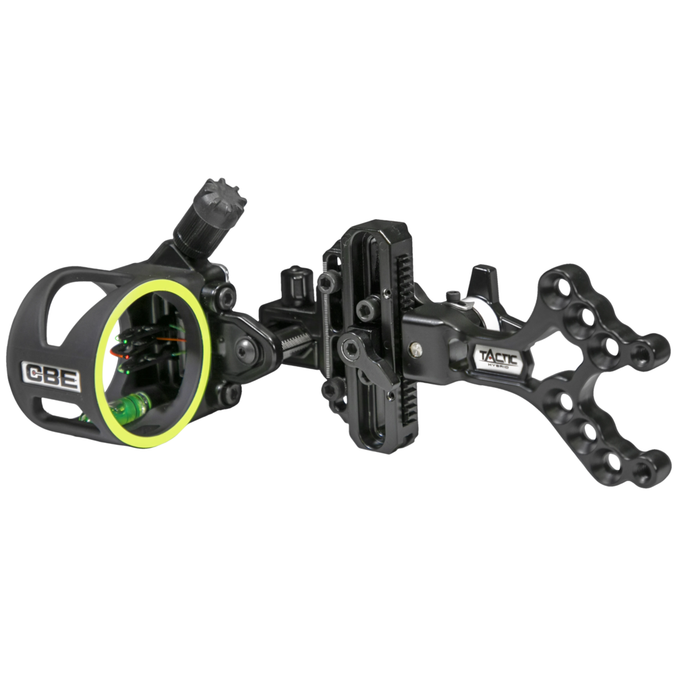 Close-up of a CBE Plus Mire Tactic hybrid sight with three pins, featuring a .019 fiber optic diameter, showcasing its precision and clarity for archery.