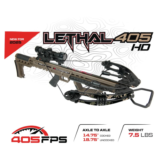 High-resolution image of the Killer Instinct Plus crossbow featuring the Lethal 405 HD model, showcasing its sleek design, advanced optics, and powerful limbs, set against a natural outdoor backdrop.
