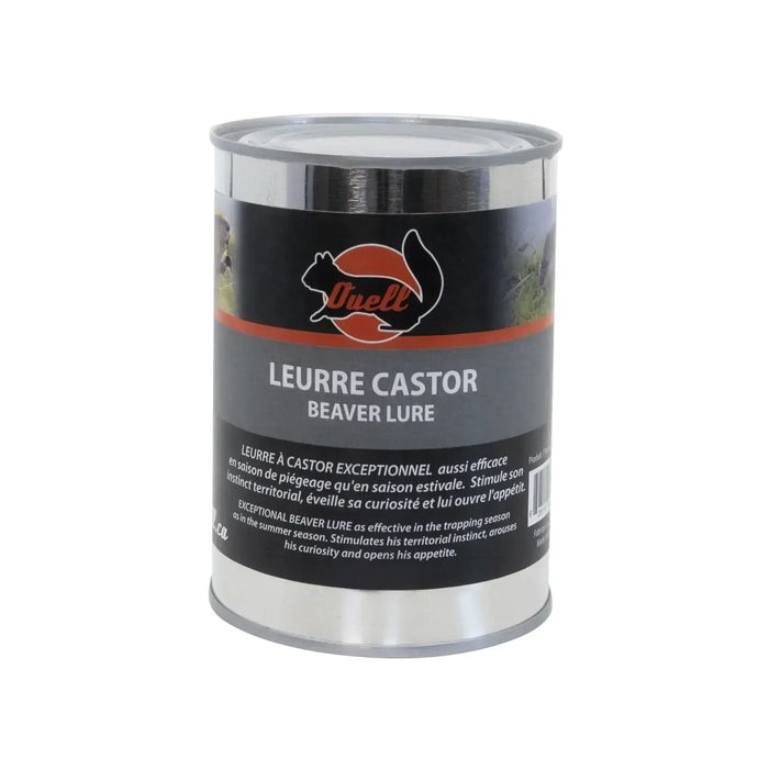 4 oz bottle of Ouell Plus Leurre for beaver bait, featuring a sleek design and vibrant label.