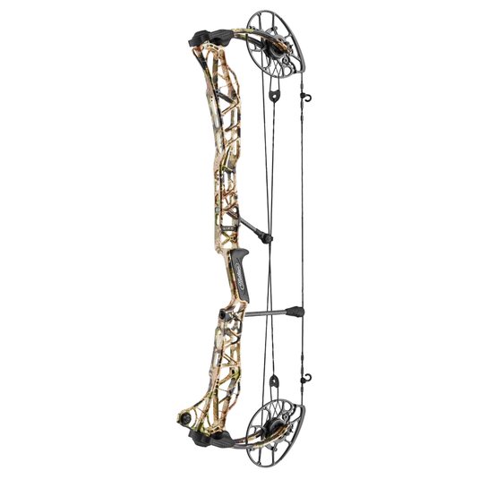 Mathews Plus compound bow in subalpine camo, featuring a 33-inch axle-to-axle length, 70-pound draw weight, and 29-inch draw length, positioned against a natural outdoor backdrop.