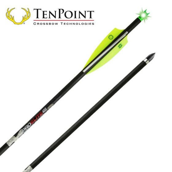 Three Tenpoint Pro Elite 400 illuminated arrows in a package, showcasing their sleek design and vibrant illumination features.
