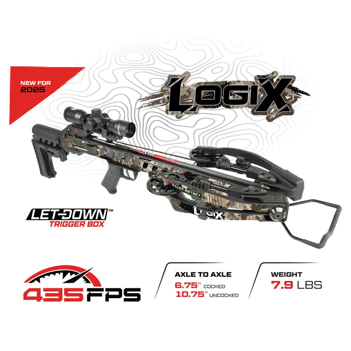 High-resolution image of the Killer Instinct Plus Arbalète Logix DC 435 crossbow, showcasing its sleek design, advanced features, and precision engineering, set against a natural outdoor backdrop.