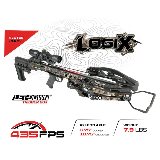 High-resolution image of the Killer Instinct Plus Arbalète Logix DC 435 crossbow, showcasing its sleek design, advanced features, and precision engineering, set against a natural outdoor backdrop.