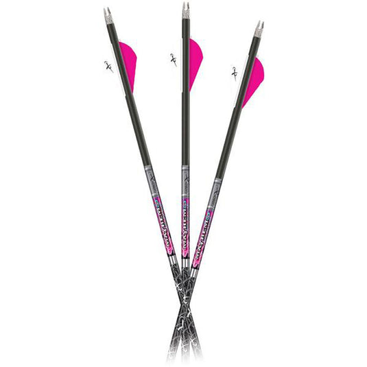 Carbon Express Plus Flèche Mayhem DS Hot Pursuit 150 arrows displayed together, showcasing their sleek design and advanced technology for optimal performance in archery.
