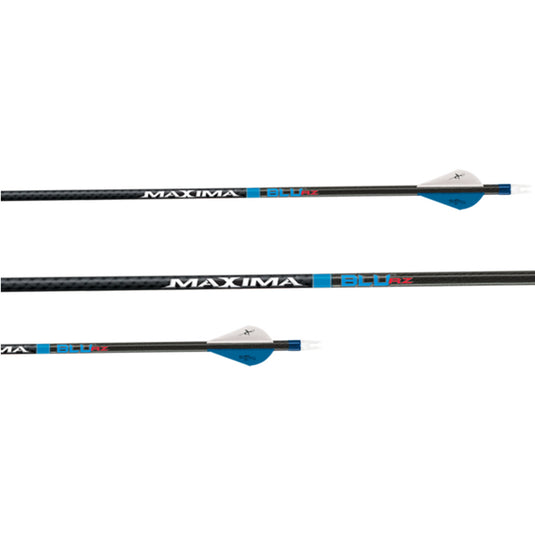 Carbon Express Plus arrow with Flèche Maxima Blu RZ 250 fletching, showcasing precision engineering and vibrant blue accents.