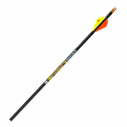 Carbon Express Mayhem DS 250 fletched arrow showcasing precision engineering and vibrant fletching for optimal flight performance.