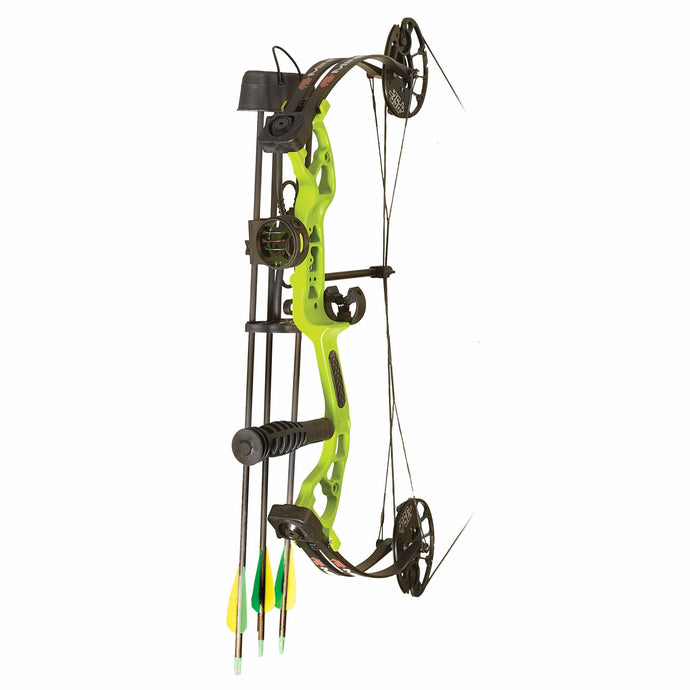PSE Plus Arc Ready To Shoot Miniburner compound bow for right-handed users, featuring a vibrant lime green color and a draw weight of 40 pounds.