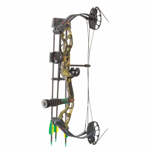 Image of a PSE Plus Arc Ready to Shoot Miniburner compound bow, featuring a gaucher grip and a 40-pound draw weight, set against a natural outdoor backdrop.