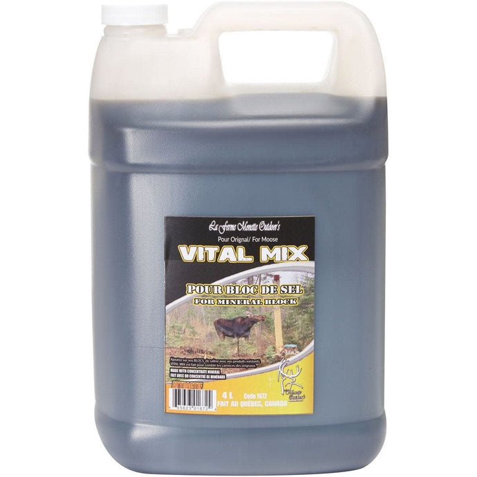 4-liter container of Ferme Monette plus VITAL MIX for moose, featuring a vibrant label and designed for optimal wildlife nutrition.
