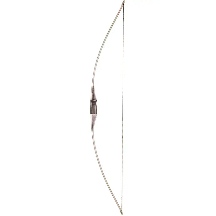 Bear Archery Montana longbow with a sleek design, showcasing its smooth wooden finish and traditional craftsmanship, set against a natural outdoor backdrop.