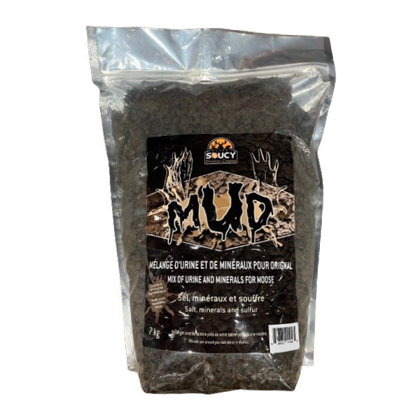 Moose standing in a lush forest, surrounded by a blend of Meunerie Soucy products and a natural mud mix enriched with urine and minerals, showcasing a vibrant ecosystem.