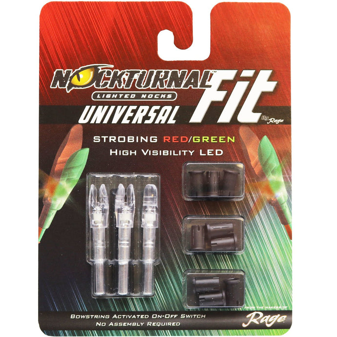 Rage plus Encoche Illuminée grandeur universelle de Nockturnal en alternance rouge et vert, paquet de 3, mettant en avant des encoches lumineuses pour flèches, avec un design vibrant et coloré.