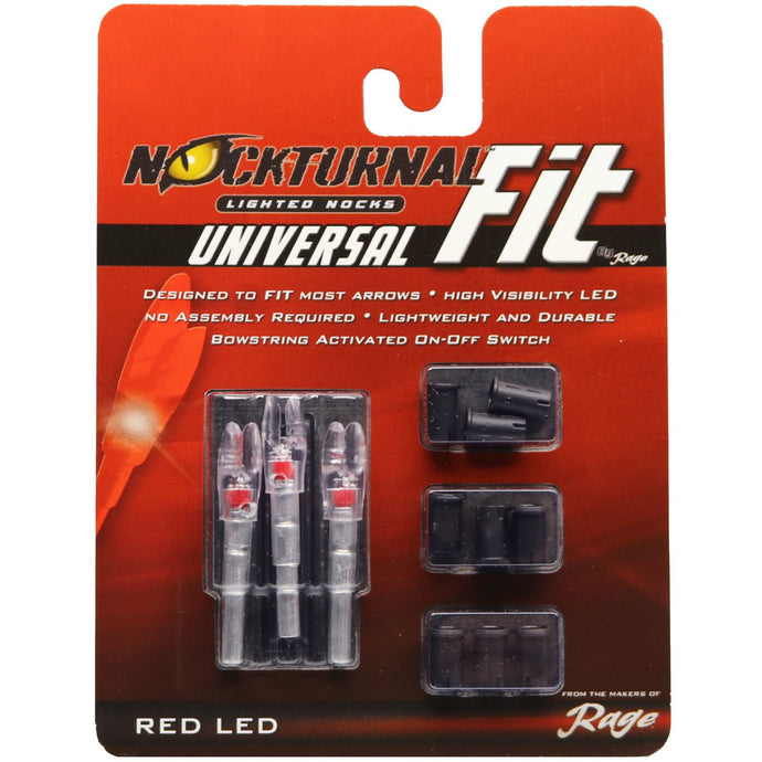 Three-pack of Nockturnal red universal size illuminated nocks for archery, featuring a vibrant glow for enhanced visibility.