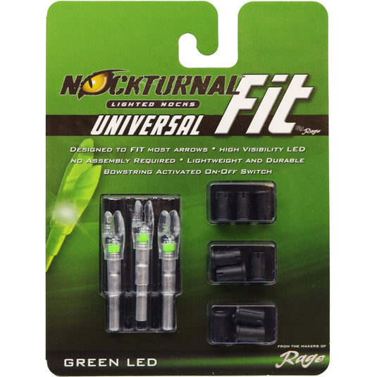 Pack of 3 Nockturnal green universal size illuminated nocks for archery, featuring Rage branding.
