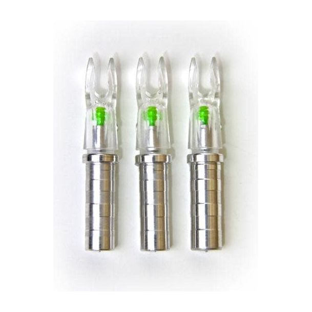 Three Nufletch plus Encoches illuminées Ignitor lighted nocks in a package, designed for enhanced visibility and precision in archery.