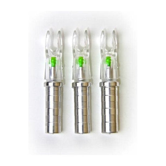 Three Nufletch plus Encoches illuminées Ignitor lighted nocks in a package, designed for enhanced visibility and precision in archery.