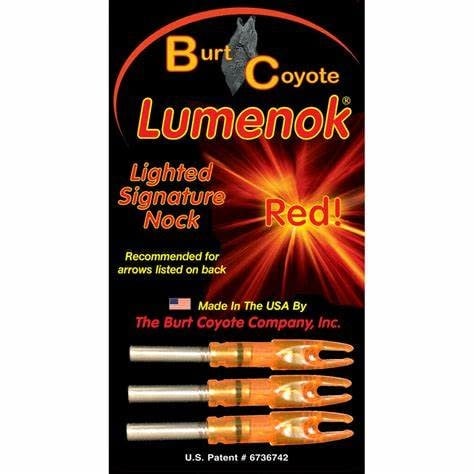 Three-pack of Burt Coyote Lumenok red lighted nocks, designed for enhanced visibility and accuracy in archery.
