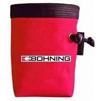 Red Bohning pouch filled with Bohning archery accessories, showcasing its durable design and vibrant color.