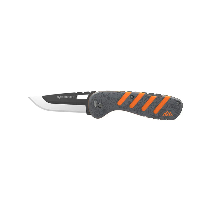 Outdoor Edge plus RAZOR HTX folding knife, 3-inch blade, gray and orange design, featuring black hardware, three black tips, two stainless steel blades, one stainless steel gut hook, and a saw, housed in a blade case.